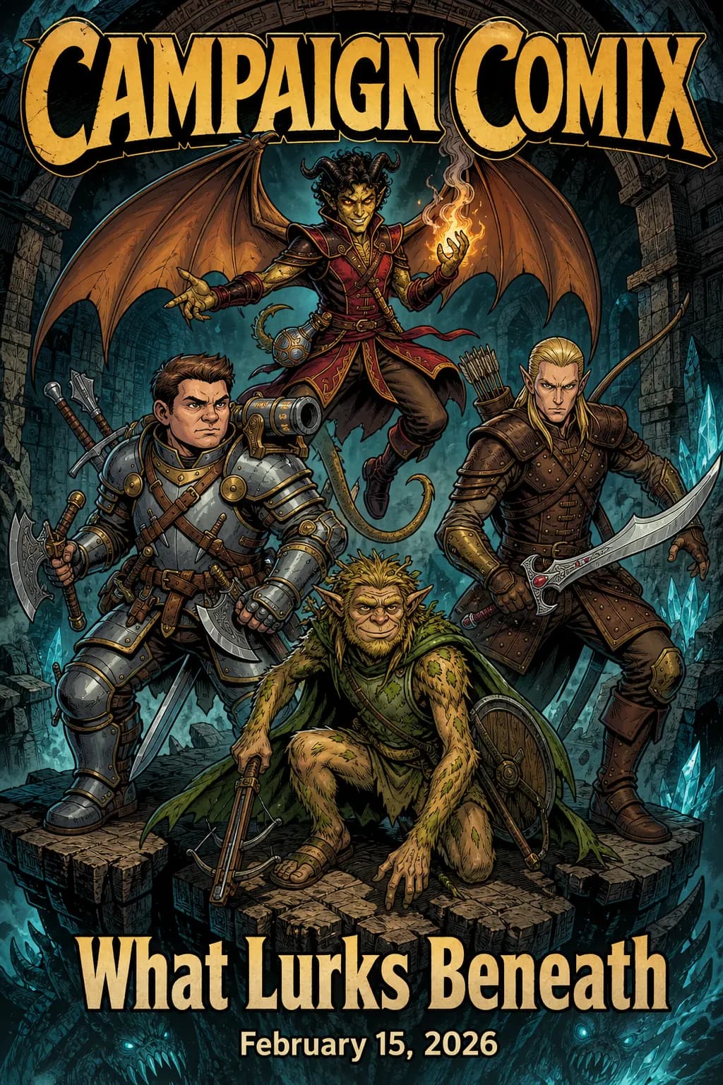 Comic cover of the episode What Lurks Beneath: four adventurers, an armored fighter, a winged spellcaster with fire in hand, an elf archer and a green-skinned scout, posed in a crystal cavern under the Campaign Comix title.